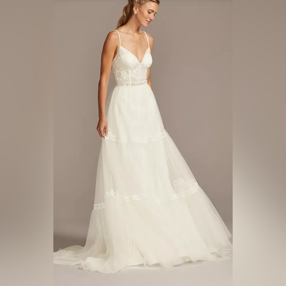 MELISSA SWEET Corset Bodice Tiered Chiffon A-Line Wedding Dress